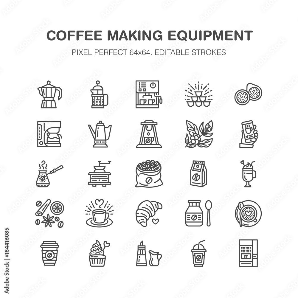 Coffee making equipment flat line icons. Elements - moka pot, french press, grinder, espresso, vending, plant. Linear restaurant, shop pictogram with editable stroke. Pixel perfect 64x64.