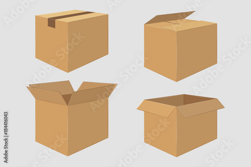 Set of Four Cardboard Boxes. Open and Closed Box