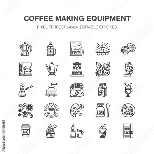 Coffee making equipment flat line icons. Elements - moka pot, french press, grinder, espresso, vending, plant. Linear restaurant, shop pictogram with editable stroke. Pixel perfect 64x64.