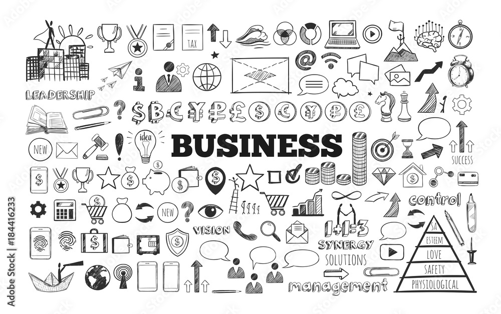 Big set of Business Icons. Vector hand drawn isolated objects. Sketch style