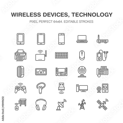 Wireless devices flat line icons. Wifi internet connection technology signs. Router, computer, smartphone, tablet, laptop, satellite. Vector linear illustration electronic store. Pixel perfect 64x64.