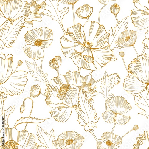 Botanical seamless pattern with gorgeous blooming wild poppy flowers hand drawn with yellow contour lines on white background. Natural vector illustration for textile print, wallpaper, wrapping paper.