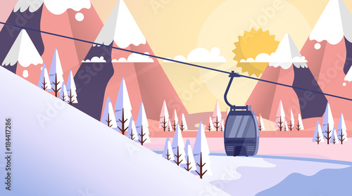 Cable Car Transportation Rope Way Over Mountain Hill Nature Winter Background Banner With Copy Space Flat Vector Illustration