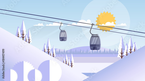 Cable Car Transportation Rope Way Over Mountain Hill Nature Winter Background Banner With Copy Space Flat Vector Illustration