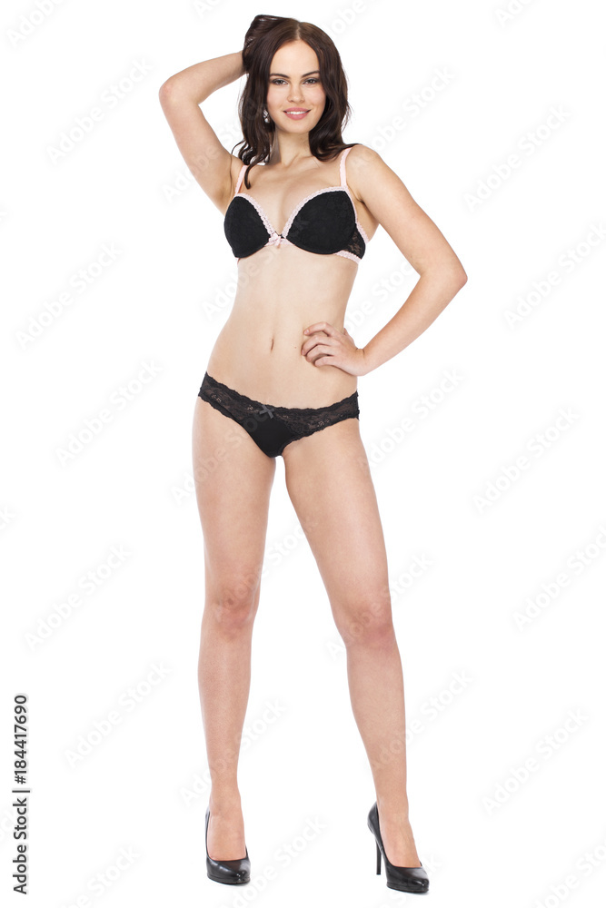 Full portrait of sexy lady in black lingerie, isolated on white background Full portrait of sexy lady in black lingerie, isolated on white background