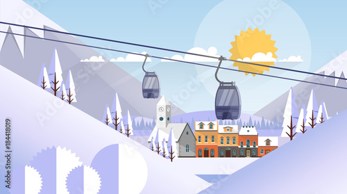 Cable Car Transportation Rope Way Over Mountain Hill Nature Winter Background Banner With Copy Space Flat Vector Illustration