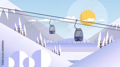 Cable Car Transportation Rope Way Over Mountain Hill Nature Winter Background Banner With Copy Space Flat Vector Illustration