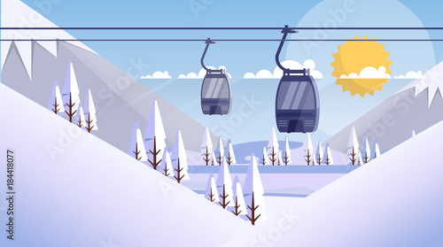 Cable Car Transportation Rope Way Over Mountain Hill Nature Winter Background Banner With Copy Space Flat Vector Illustration