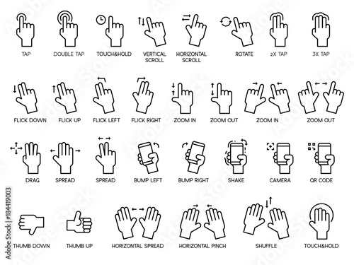 Hand gestures and touch screen icon set, using as interface for application and website, line icons set with name