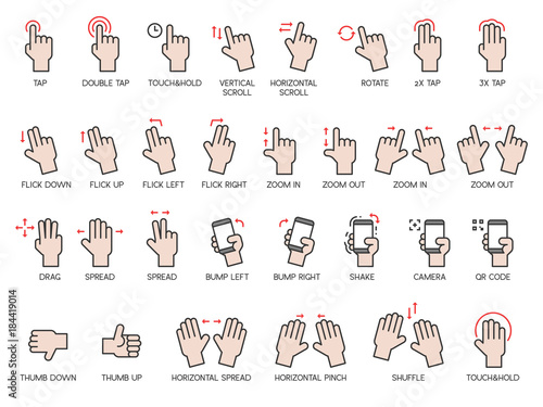 Hand gestures icons set with name, for use as interface of smartphone application and tablet