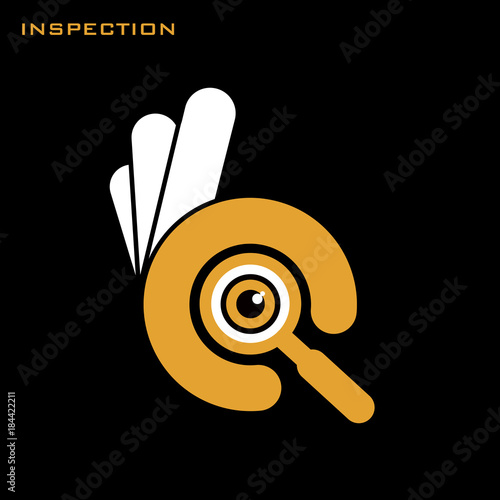 Ok hand symbol with magnifier glass. Okey symbol for inspection searching and looking. Vector