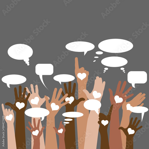 Group of raising hands with bubble chat cloud, tolerance, vector