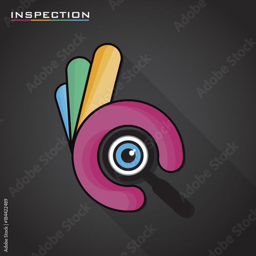 Ok hand symbol with magnifier glass. Okey symbol for inspection searching and looking. Vector