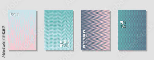 Minimal zig zag lines gradient texture curves background for music cover. Wavy stripes and zig zag vector halftone lines texture cover layouts set in pink and blue colors.