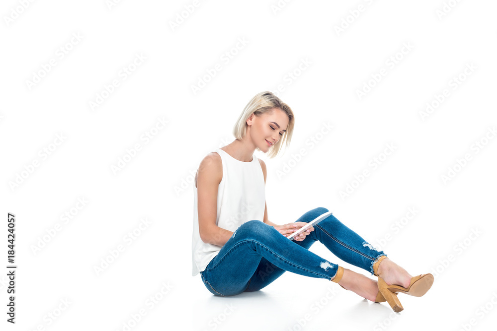 beautiful woman using digital tablet, isolated on white beautiful woman using digital tablet, isolated on white