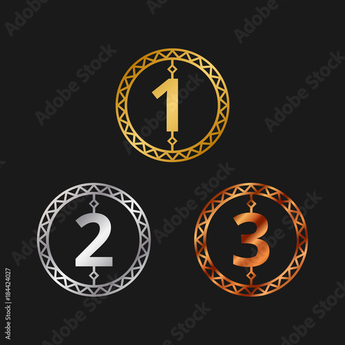 First, second and third place (set of gold, silver and bronze symbols). Awards for winners for presentation ceremony of sport or business competition.