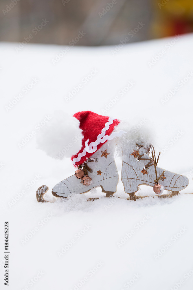 custom made wallpaper toronto digitalWooden made skates and Santa Claus hat. Closeup