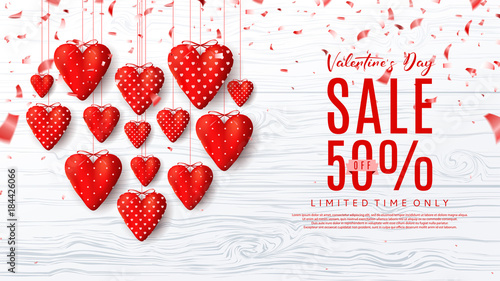 Promo Sale Web Banner with Red Fabric Hearts. Beautiful Background with Realistic Symbols of Valentine's Day and Confetti on Wooden Texture. Vector Illustration with Seasonal Offer.