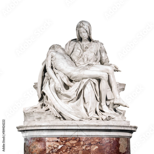 The Pieta, a work of Renaissance sculpture by Michelangelo Buonarroti isolated on white background. Famous work of art depicts the body of Jesus on the lap of his mother Mary after the Crucifixion  photo