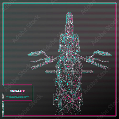 Vector distorted glitch concept. Tv distortion 3D effect stereoscopic, anaglyph motorcycle. Technological virtual green and red channels. Digital networking concept with anaglyph effect. 3d rendering