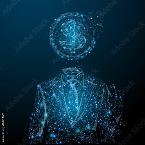 Vector abstract image of businessman in suit with dollar in the form of a starry sky or space, consisting of points, lines, and shapes in the form of planets, stars and the universe. RGB Color mode