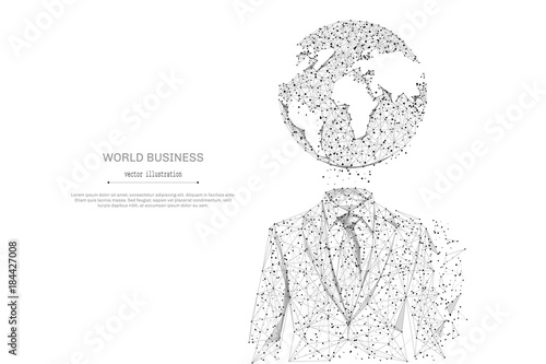 Abstract mash line and point businessman in suit with planet origami on white background with an inscription. Starry sky or space, consisting of stars and the universe. Vector business illustration