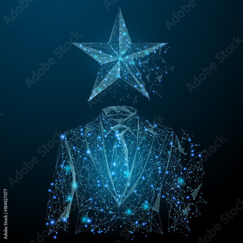Abstract image of businessman in suit with star in the form of a starry sky or space, consisting of points, lines, and shapes in the form of planets, stars and the universe. Vector RGB Color mode