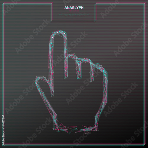Vector distorted glitch concept. Tv distortion 3D effect stereoscopic, anaglyph mouse pointer hand . Technological virtual green and red channels. Digital networking concept with anaglyph effect.