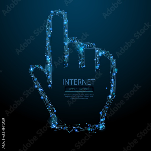 Abstract image of mouse pointer hand in the form of a starry sky or space, consisting of points, lines, and shapes in the form of planets, stars and the universe. Vector low poly RGB Color mode