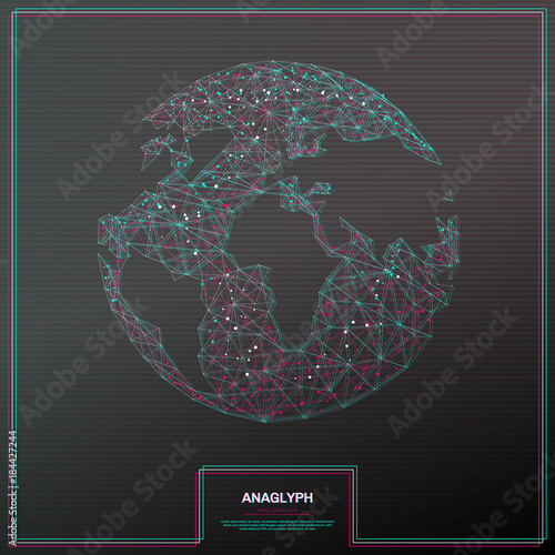 Vector distorted glitch concept Tv distortion 3D effect stereoscopic, anaglyph planet Earth. Technological virtual green and red channels. Digital networking concept with anaglyph effect. 3d rendering