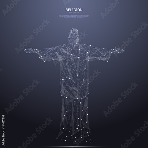 Polygonal the figure of Christ. Vector mesh spheres from flying debris. Thin line concept. Metallic low poly wireframe structure. Religion illustration