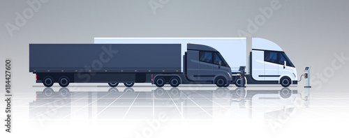 Big Lorry Semi Truck Trailers Charging At Electic Charger Station Banner Horizontal Vector Illustration