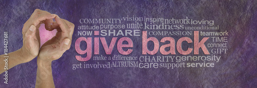 Give Back with Love Word Cloud - campaign banner with female hands making a heart shape with pink behind on left and a GIVE BACK word cloud  on right against a rustic parchment background
 photo