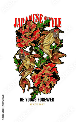 print of Japanese koi carp with pions, embroidered with sequins and beads, for real embroidery or printing.