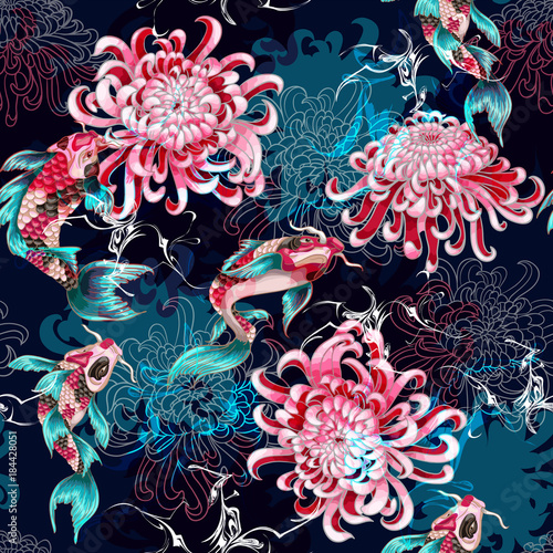Print for textile design with fish and flowers
