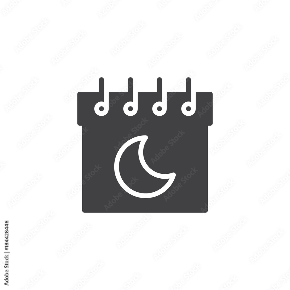 Calendar with moon icon vector, filled flat sign, solid pictogram isolated on white. Night sleep time symbol, logo illustration. Calendar with moon icon vector, filled flat sign, solid pictogram isolated on white. Night sleep time symbol, logo illustration.