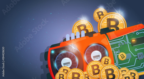 Golden Bitcoins Coins And Chip Curcuit Digital Currency Modern Web Money Over Dark Blue Background Vector Illustration