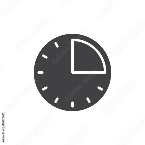 Timer clock icon vector, filled flat sign, solid pictogram isolated on white. 15 minute time symbol, logo illustration.