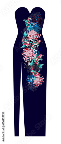 Design dress with koi fish and flowers.
