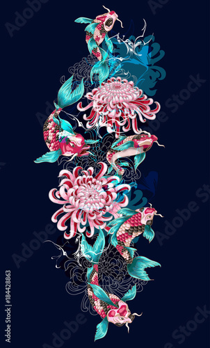 Print with koi fish and flowers. For embroidery or print.