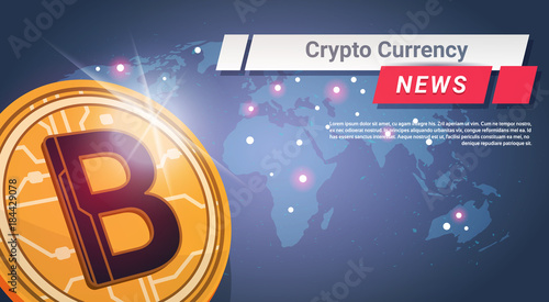 Crypto Currency News Golden Bitcoin Over World Map Digital Web Money Concept Vector Illustration