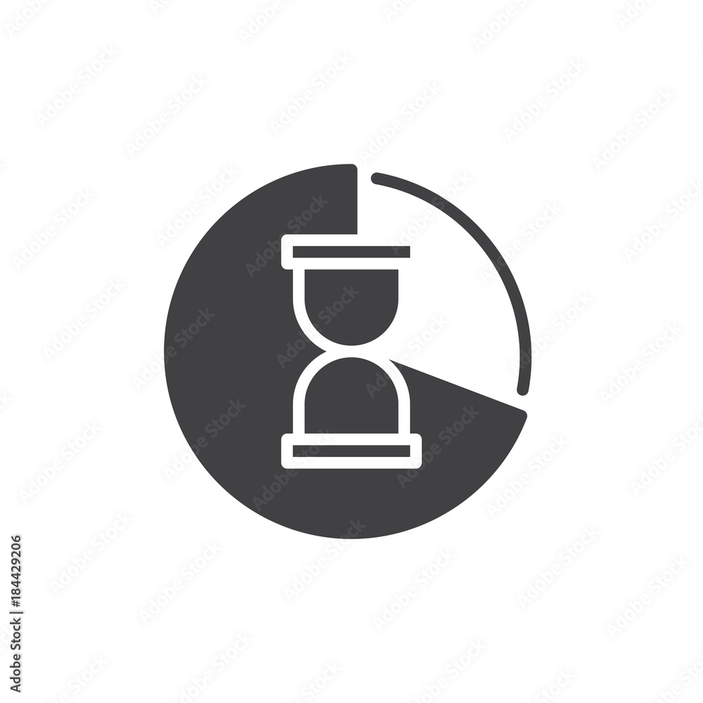 Pie chart with hour glass icon vector, filled flat sign, solid pictogram isolated on white. Time management symbol, logo illustration. Pie chart with hour glass icon vector, filled flat sign, solid pictogram isolated on white. Time management symbol, logo illustration.