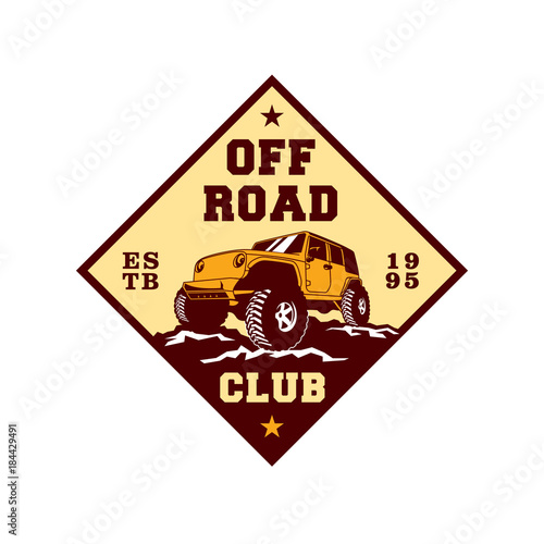 Colored  Off Road Car 4x4 Vehicle Logo Badge Template with Old Style Retro Vintage. 