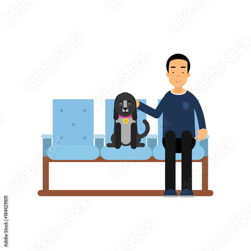 Man sitting in waiting hall with his pet dog and expecting for visiting a doctor, colorful cartoon vector Illustration