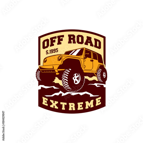 Colored  Off Road Car 4x4 Vehicle Logo Badge Template with Old Style Retro Vintage. 