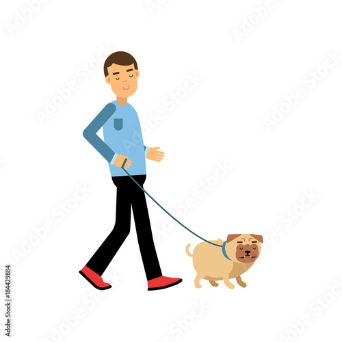Young man walking with his dog colorful cartoon vector Illustration