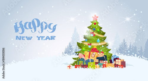 Happy New Year Background With Decorated Christmas Tree Over Snowy Winter Forest View Flat Vector Illustration © mast3r