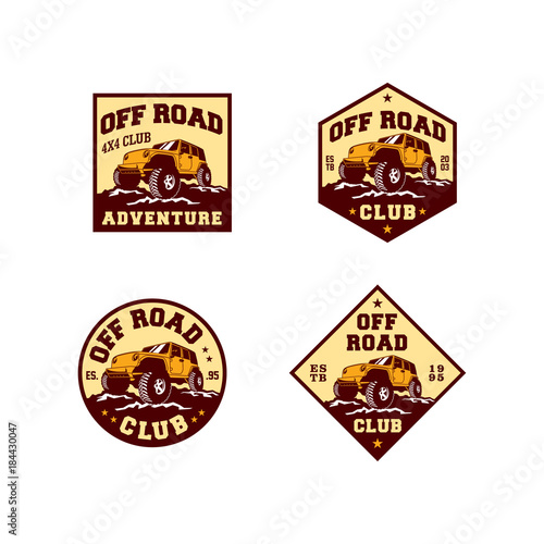 Set of Colored  Off Road Car 4x4 Vehicle Logo Badge Template with Old Style Retro Vintage. 