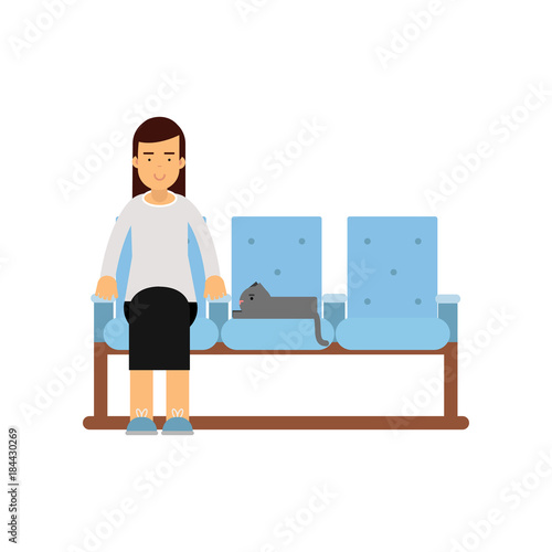 Young woman sitting in waiting hall with her cat expecting for visiting a doctor, colorful cartoon vector Illustration