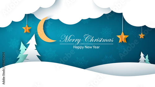 Winter cartoon paper landscape. Fir, moon, cloud, star, snow. Merry christmass. Happy new year.